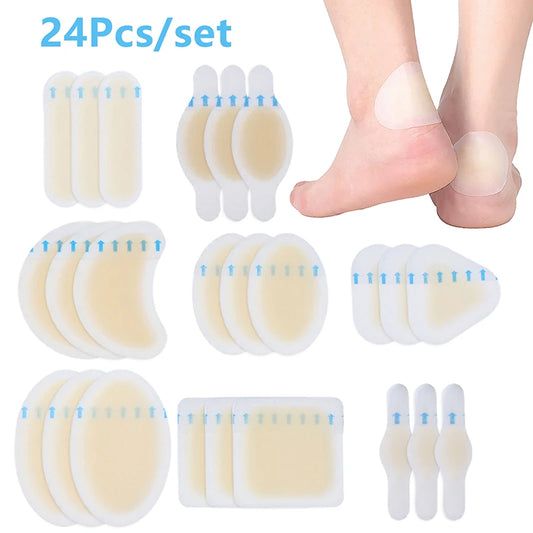 24Pcs/set Heel Patches 8 Shapes Hydrocolloid Gel Heel Sticker Blister Plasters Bandages Cushion Pad For Heel Foot Toe Guard Skin