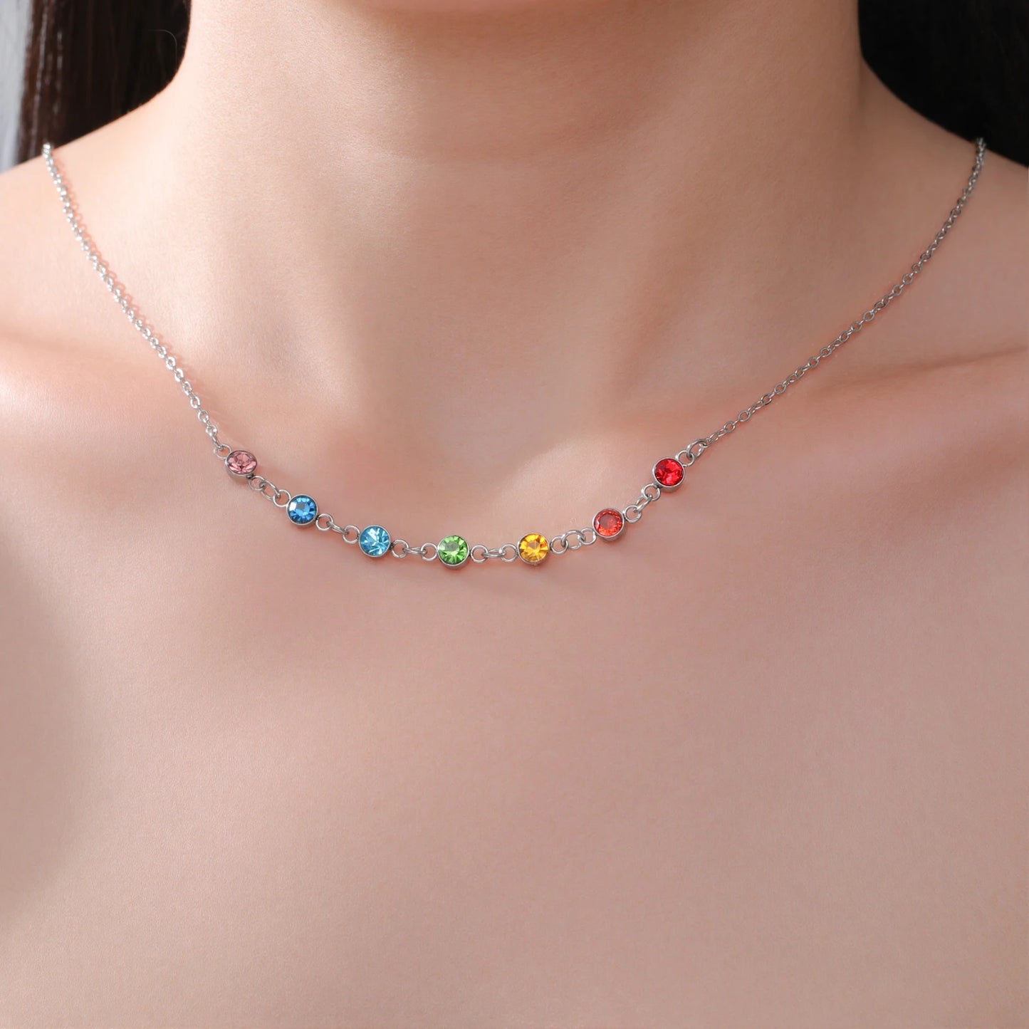 Skyrim Yoga 7 Chakra Rhinestones Pendant Necklaces Women Stainless Steel Gold Color Sweater Chain Meditation Energy Jewelry Gift