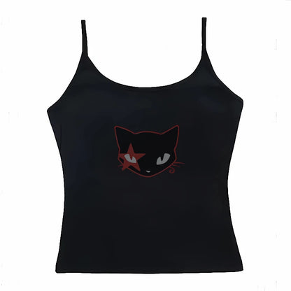 Aesthetic Harajuku Streetwear Women's Slim Fit Crop Top Y2K Gothic Emo Retro Sleeveless Vest Kitten Print Sports Vest