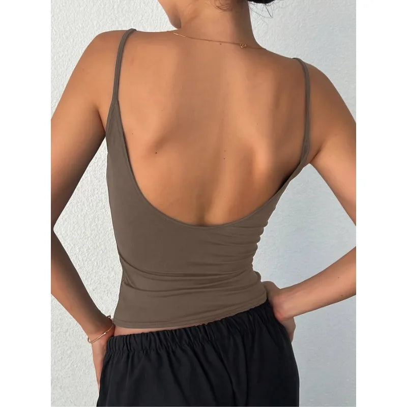 Plus Size 1XL-5XL Women's Fashionable Backless Simple Solid Color Slim Shoulder Strap Casual Tank Top