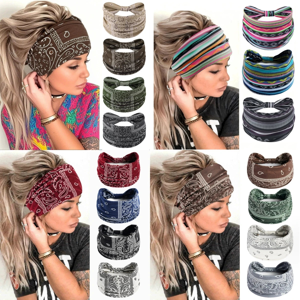 Boho Headbands for Women Knotted Wide Headwrap Turban Yoga Workout Head Bands Stretch Hiarbands Cotton Bandana Hair Accessories
