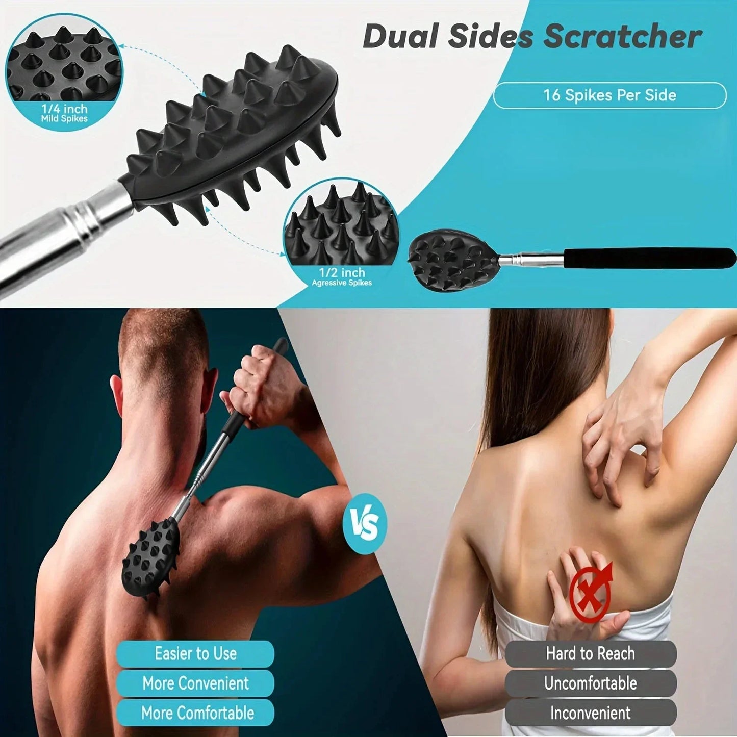 Extendable Cactus Back Scratcher with 1/4-inch & 1/2-inch Spikes, Retractable One-Hand Itch Stick for Men & Women, Durable PVC