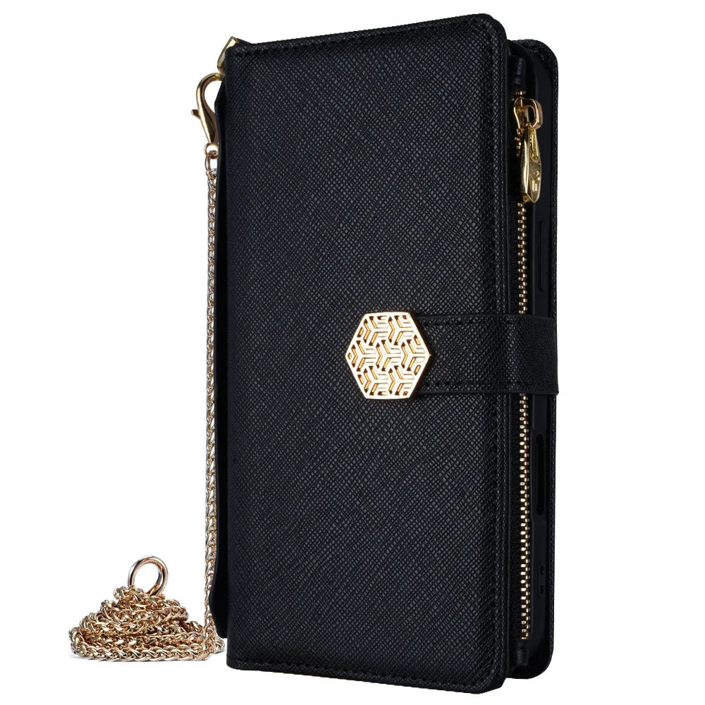 Metal Shoulder Strap Wallet Case for iPhone 17 Pro Max 14 12 11 13 15 16 Pro Max Lady Leather Card Slots Pocket Lanyard Cover