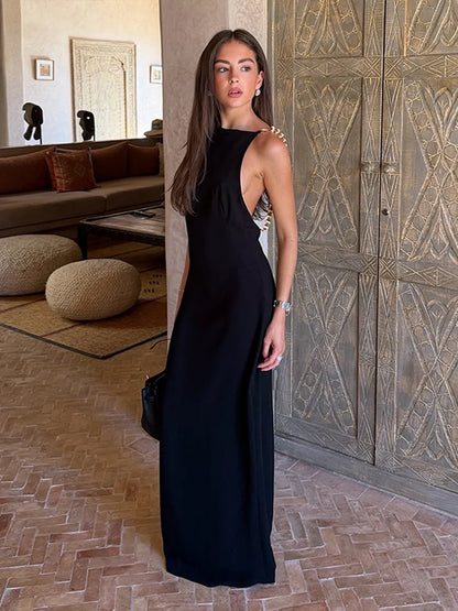 Sexy Beaded Shoulder Strap Dress Women Backless High Waist Split Fitted Robe Female 2026 Summer New Chic Party Evening Dresses