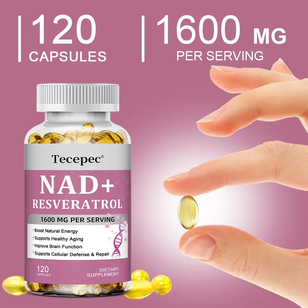 NAD+ Resveratrol - Anti-aging, Boosts Natural Energy, Promotes Cellular and Skin Health, Improves Brain Function - 120 Capsules