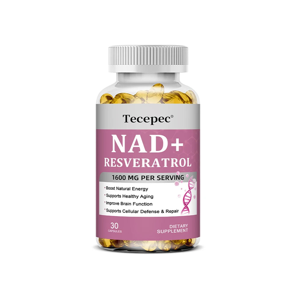 NAD+ Resveratrol - Anti-aging, Boosts Natural Energy, Promotes Cellular and Skin Health, Improves Brain Function - 120 Capsules
