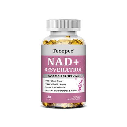 NAD+ Resveratrol - Anti-aging, Boosts Natural Energy, Promotes Cellular and Skin Health, Improves Brain Function - 120 Capsules
