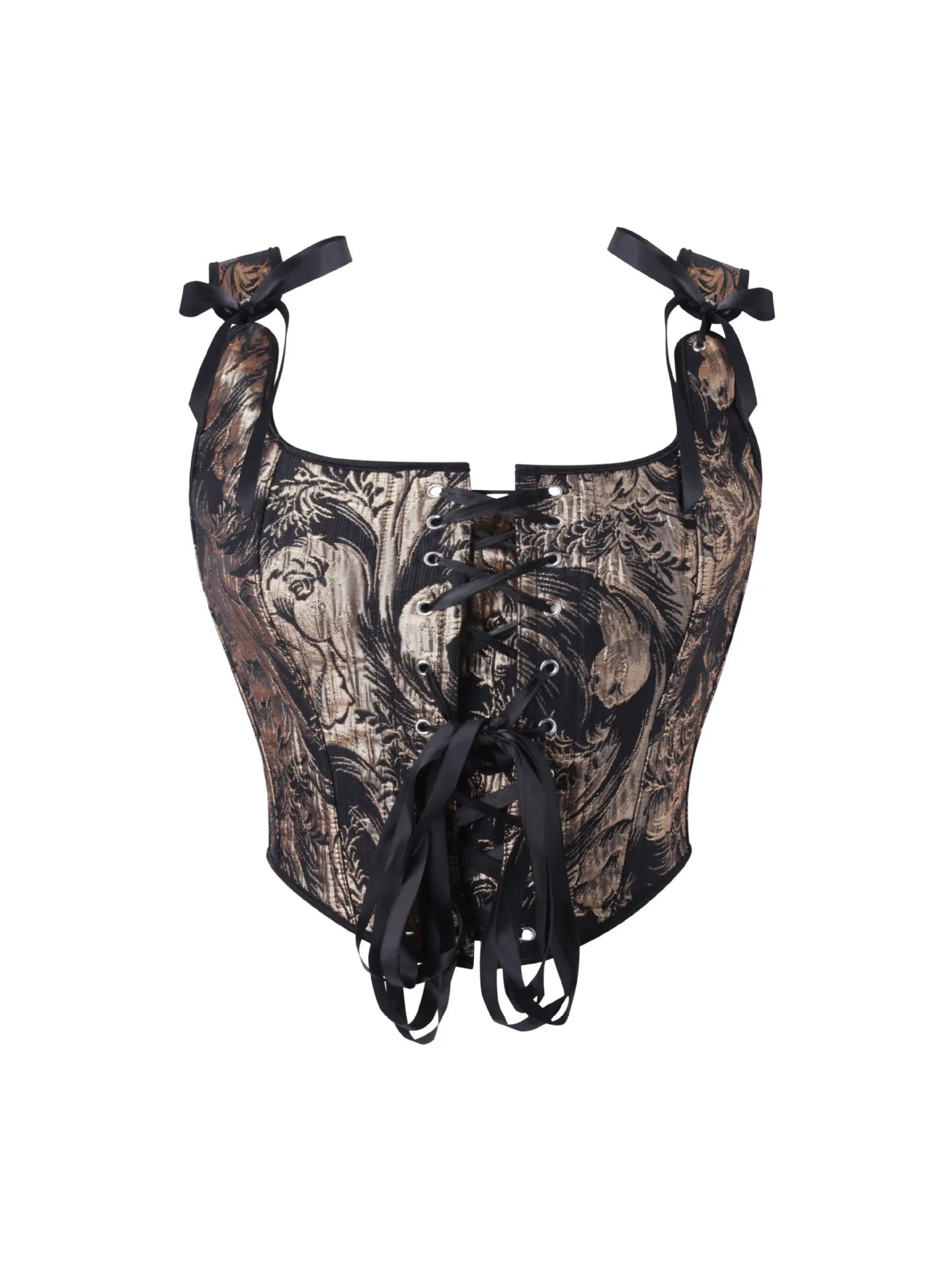 Women's Bow Tie Strap Jacquard Corset Top Front Lace Up Square Neck Cropped Waist Cincher Bustier