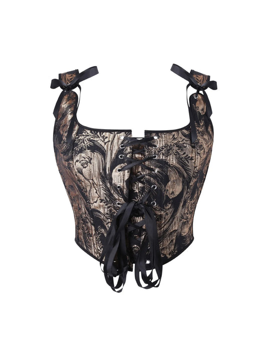 Women's Bow Tie Strap Jacquard Corset Top Front Lace Up Square Neck Cropped Waist Cincher Bustier