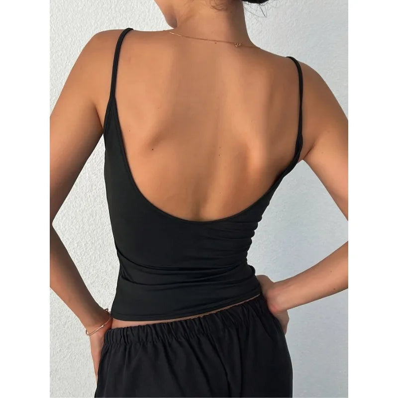 Plus Size 1XL-5XL Women's Fashionable Backless Simple Solid Color Slim Shoulder Strap Casual Tank Top