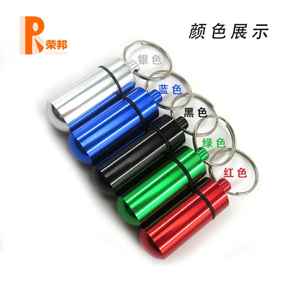 Aluminum Waterproof Pill Box Cases with Sealed Storage, Flat Head, Round Alloy Cartridge and Keychain for Vitamin Fish Oils