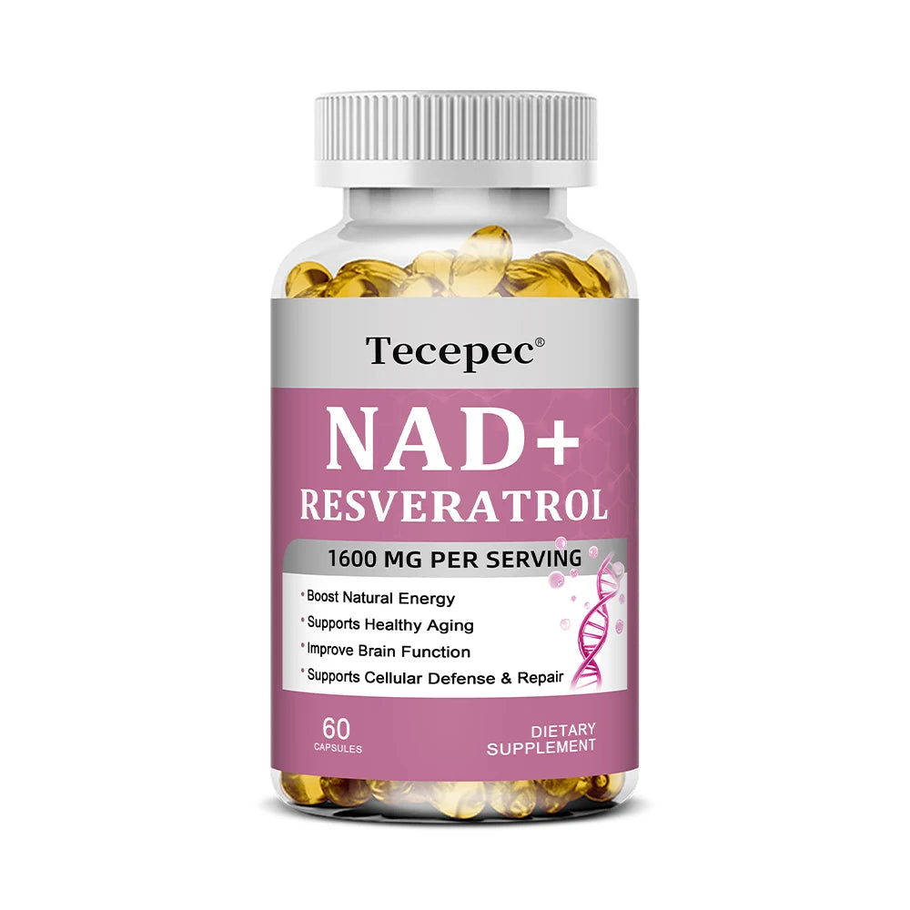 NAD+ Resveratrol - Anti-aging, Boosts Natural Energy, Promotes Cellular and Skin Health, Improves Brain Function - 120 Capsules