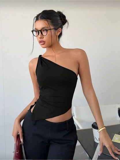 Solid color shoulder strap asymmetrical slim fit off shoulder one-piece collar 2025 new fashionable temperament women's T-shirt