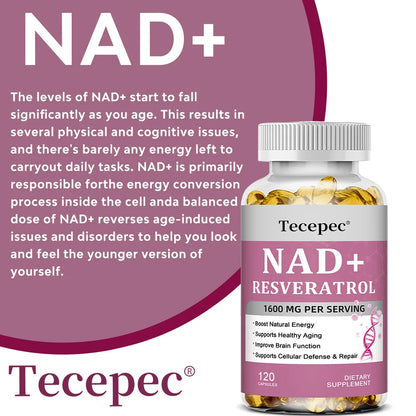 NAD+ Resveratrol - Anti-aging, Boosts Natural Energy, Promotes Cellular and Skin Health, Improves Brain Function - 120 Capsules