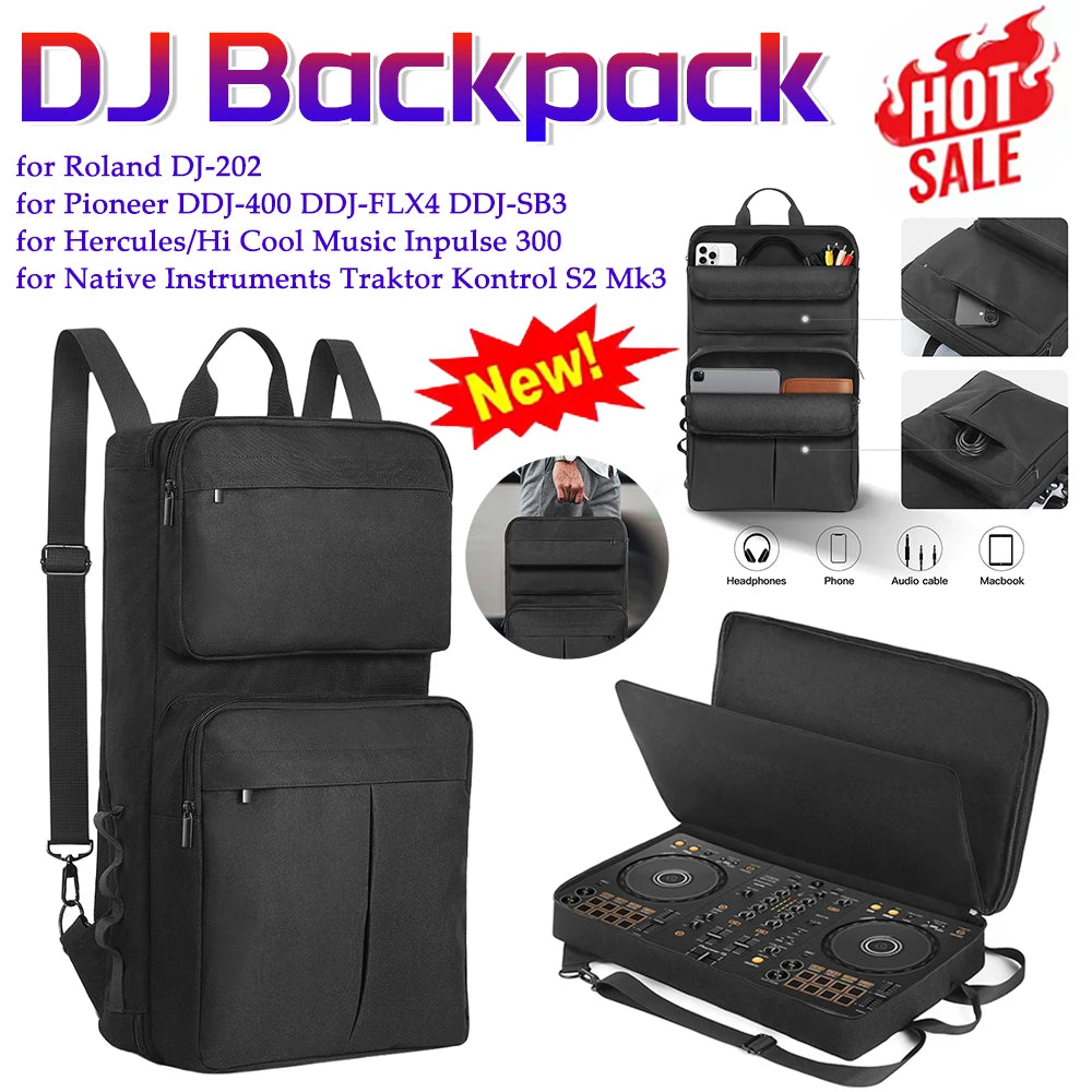 DJ Backpack for Pioneer DDJ-400 DDJ-FLX4 for Roland DJ-202 DJ Mixer Case DJ Controller Case Shockproof Adjustable Shoulder Strap