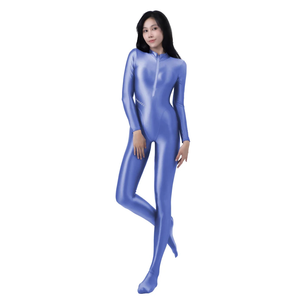 AMORESY Women's Shiny Oil Tights Full-Length Catsuit Front Zipper Yoga Zentai Playsuit Sexy Smooth Casual Jumpsuit
