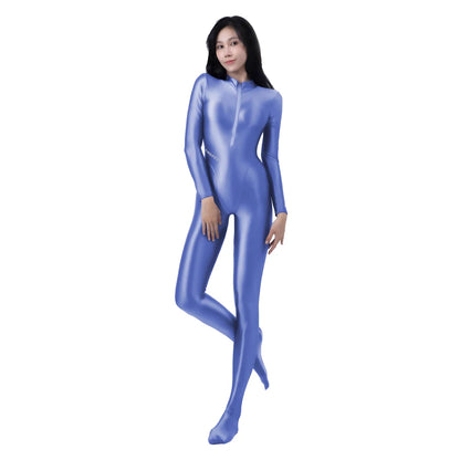 AMORESY Women's Shiny Oil Tights Full-Length Catsuit Front Zipper Yoga Zentai Playsuit Sexy Smooth Casual Jumpsuit