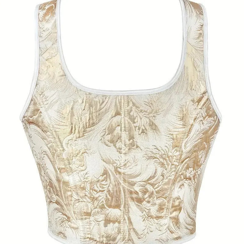 Women's Bow Tie Strap Jacquard Corset Top Front Lace Up Square Neck Cropped Waist Cincher Bustier