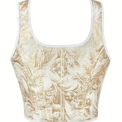 Women's Bow Tie Strap Jacquard Corset Top Front Lace Up Square Neck Cropped Waist Cincher Bustier