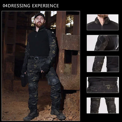 Camouflage Tactical Uniform Hunting Shirts Pants with Elbow Knee Pads Outdoor Hiking Training Frog Sets Clothing Ghillie Suits