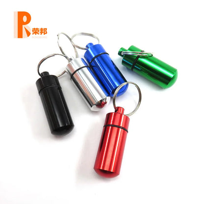 Aluminum Waterproof Pill Box Cases with Sealed Storage, Flat Head, Round Alloy Cartridge and Keychain for Vitamin Fish Oils