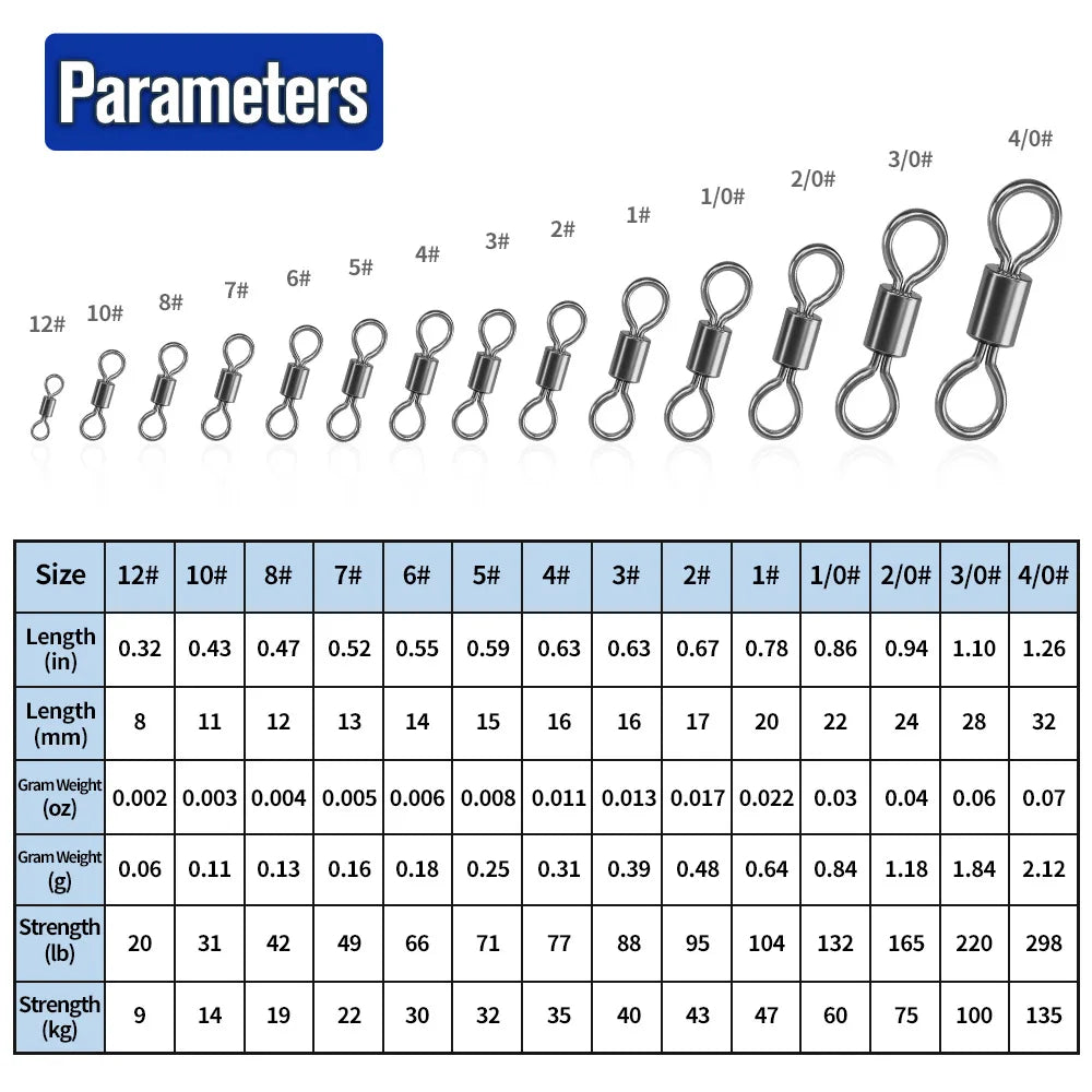 50pcs Fishing Swivels Rolling Swivels Solid Stainless Steel Rings Fishhooks Lure Connector for Fishing Accessories