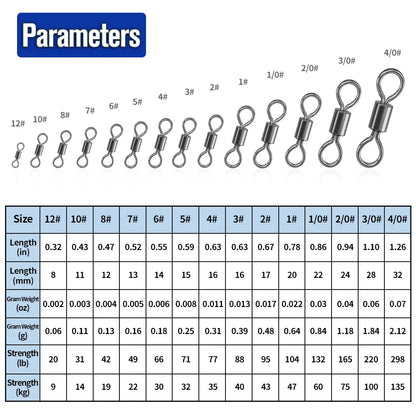 50pcs Fishing Swivels Rolling Swivels Solid Stainless Steel Rings Fishhooks Lure Connector for Fishing Accessories