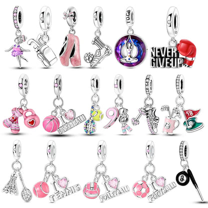 925 Sterling Silver Sports Series Charms Bead Yoga Boxing Dumbbells Badminton Pendants Fit Original Bracelet DIY Women Gift