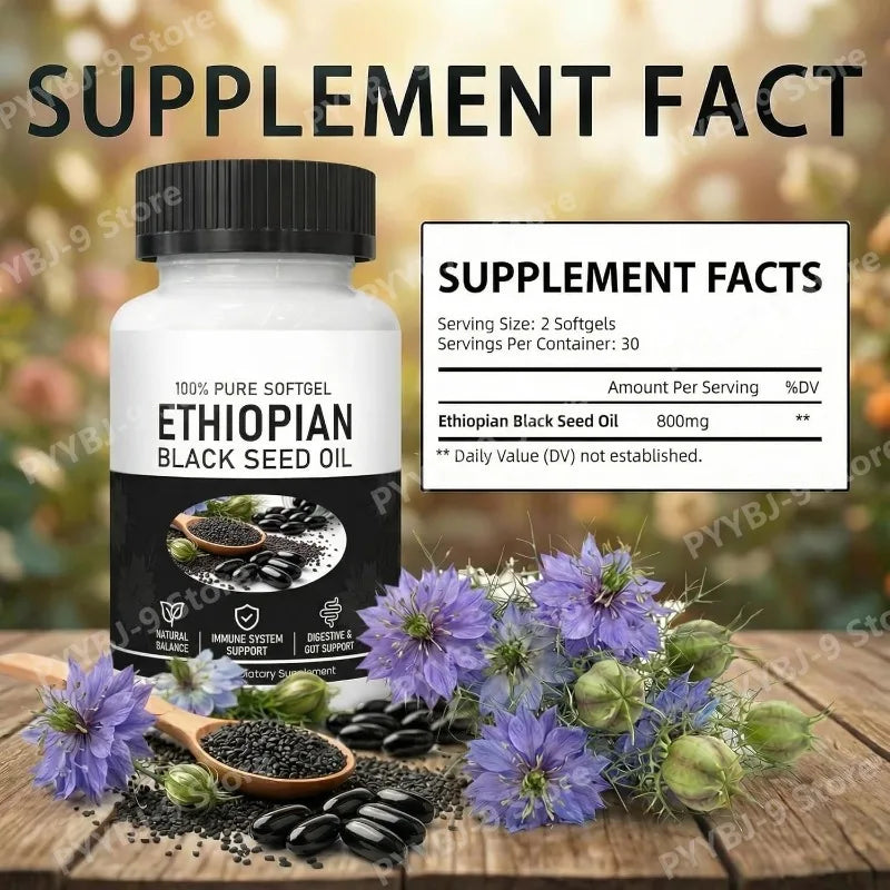 Ethiopian Black Seed Oil Softgels 800mg Cold Pressed Herbal Extract Capsules Daily Wellness Balance Support Non GMO 60 Count