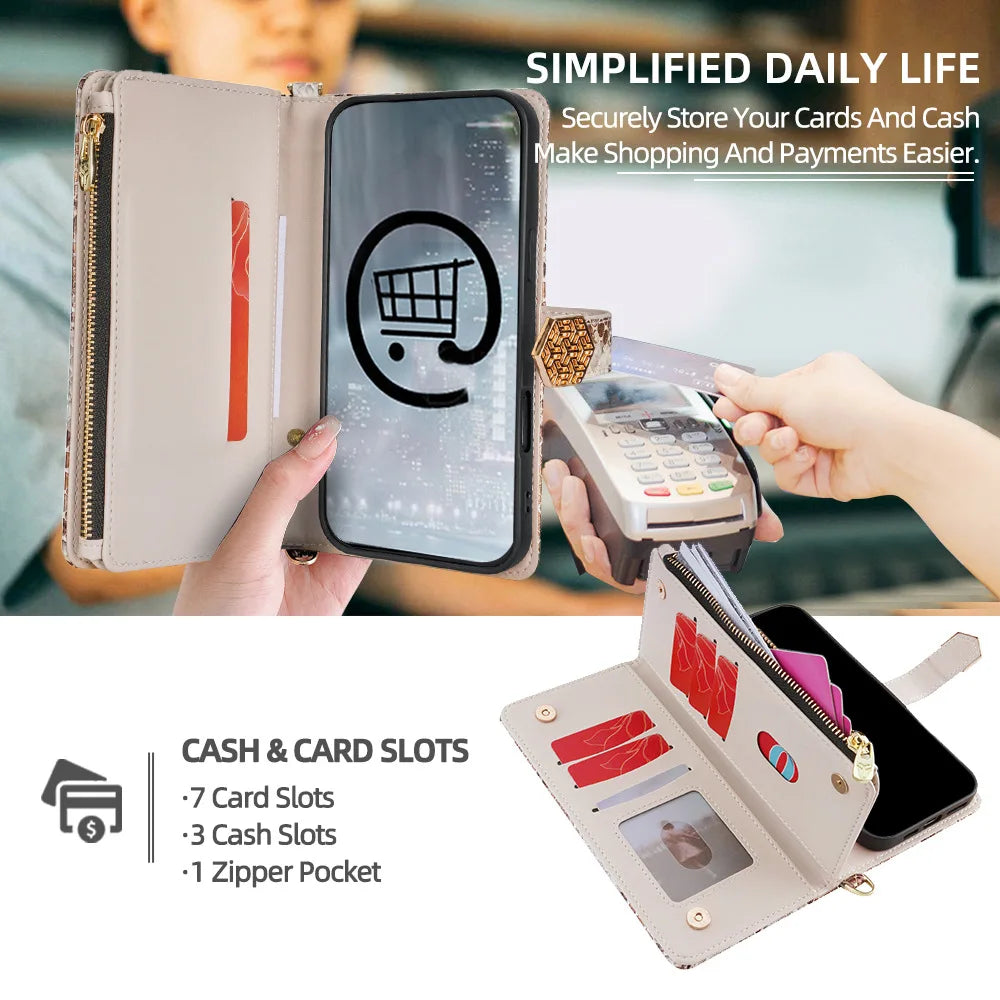 Metal Shoulder Strap Wallet Case for iPhone 17 Pro Max 14 12 11 13 15 16 Pro Max Lady Leather Card Slots Pocket Lanyard Cover