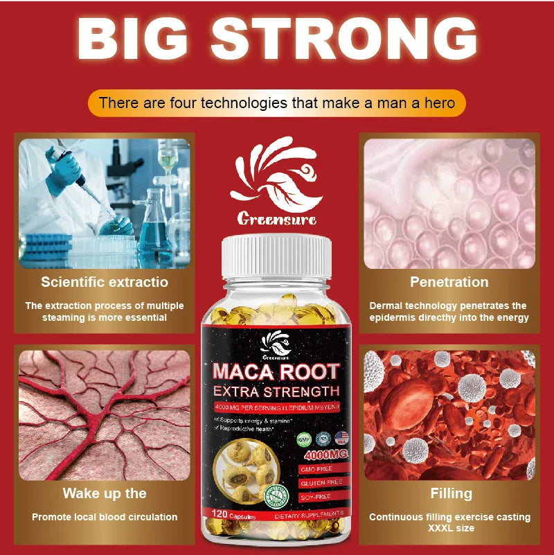 Greensure Organic Maca Root Powder Capsules 4000 mg with Maca Root Extract Supplement for Men and Women