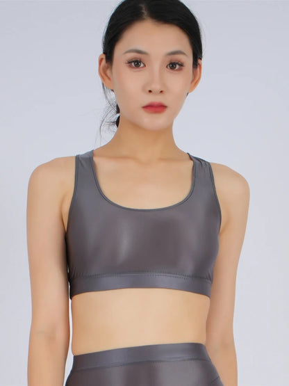 Sexy Women Candy Color Short Vest Oil Glossy Shiny  V Neck Stain Tank Top Yoga Elastic Tights Fashion Streetwear Costume