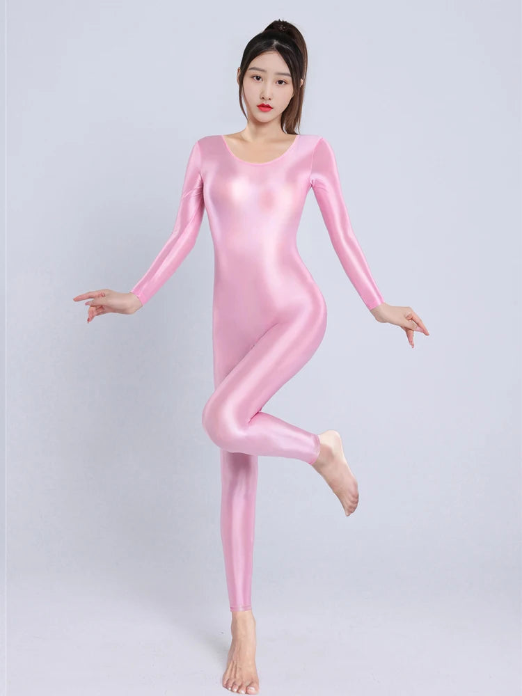 Sexy Women Yoga Shaper Dance Wear Oil Glossy Shiny Elastic Bodysuit Sheer See Through Satin Shapping Maid Tights Candy Color