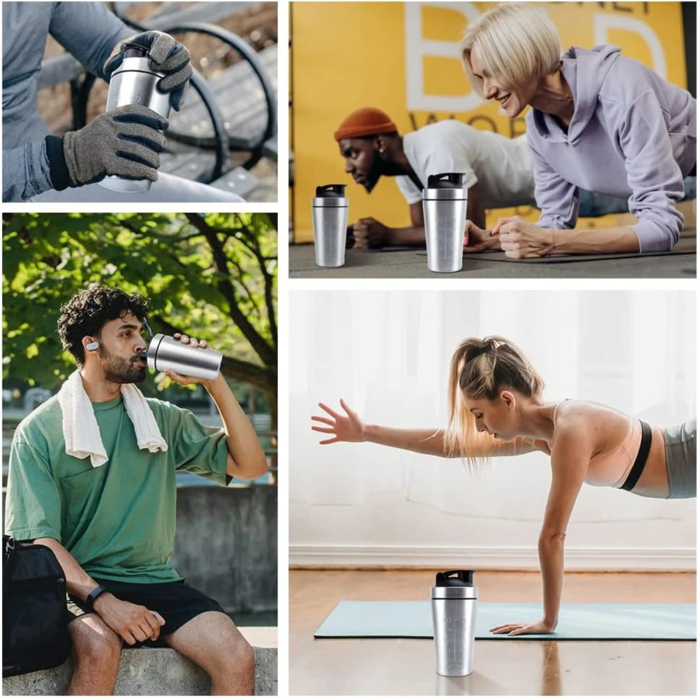 1pc Protein Powder Shaker Bottle 500/739ml Stainless Steel Shaker Bottle with Scale Leak Proof Water Bottle for Gym Sport
