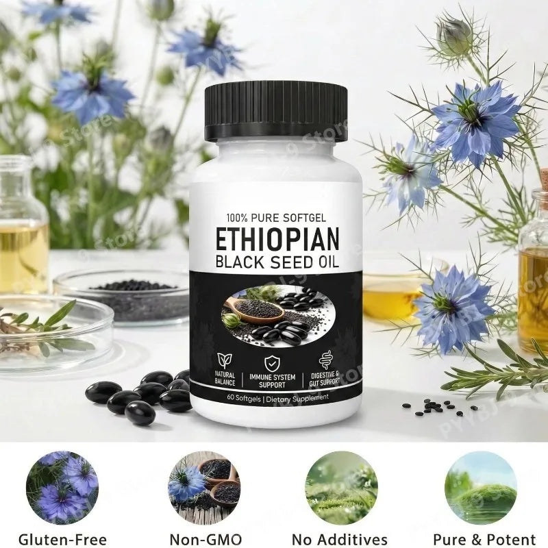 Ethiopian Black Seed Oil Softgels 800mg Cold Pressed Herbal Extract Capsules Daily Wellness Balance Support Non GMO 60 Count