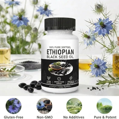 Ethiopian Black Seed Oil Softgels 800mg Cold Pressed Herbal Extract Capsules Daily Wellness Balance Support Non GMO 60 Count