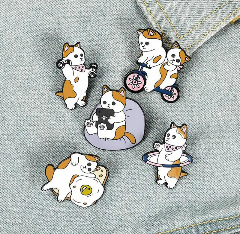 Funny Cats Enamel Pin Custom Cat Egg Bike Dumbbells Sports Brooches Bag Lapel Pin Cartoon Badge Jewelry for Kids Friends
