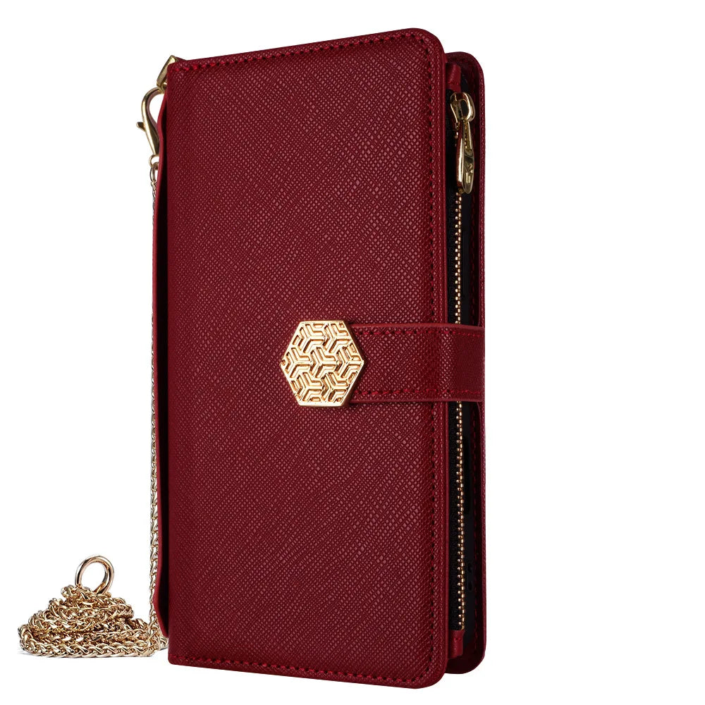 Metal Shoulder Strap Wallet Case for iPhone 17 Pro Max 14 12 11 13 15 16 Pro Max Lady Leather Card Slots Pocket Lanyard Cover
