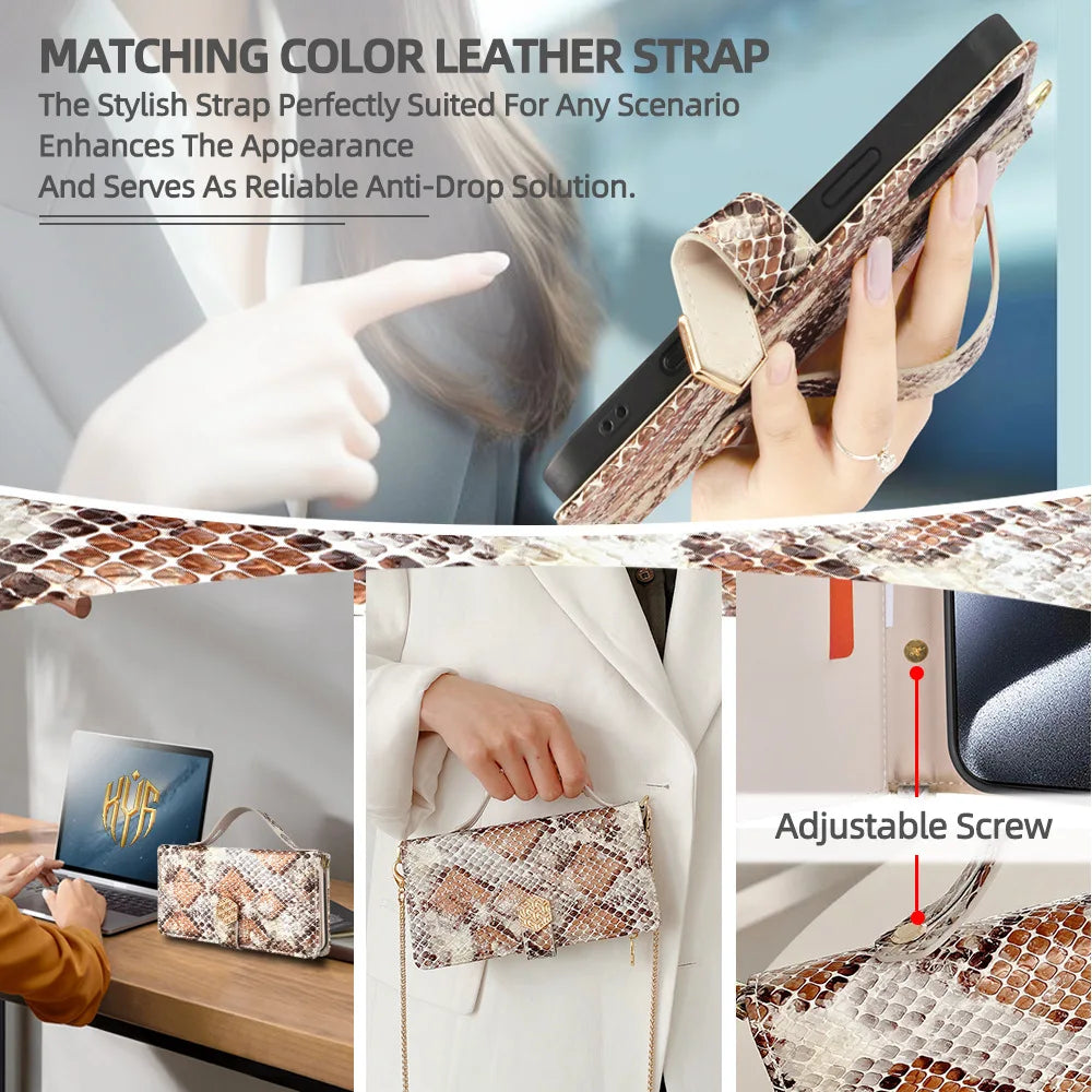 Metal Shoulder Strap Wallet Case for iPhone 17 Pro Max 14 12 11 13 15 16 Pro Max Lady Leather Card Slots Pocket Lanyard Cover