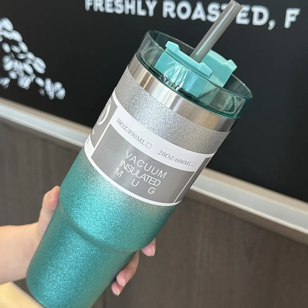 30oz 890ML Stainless Steel Vacuum Tumbler With Straw Leakproof Thermal Car Mug Outdoor Sports Water Bottle
