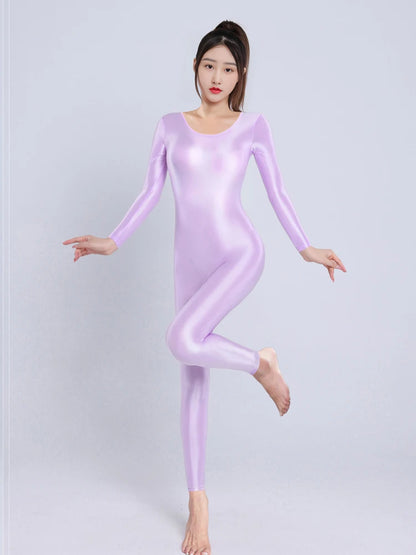 Sexy Women Yoga Shaper Dance Wear Oil Glossy Shiny Elastic Bodysuit Sheer See Through Satin Shapping Maid Tights Candy Color