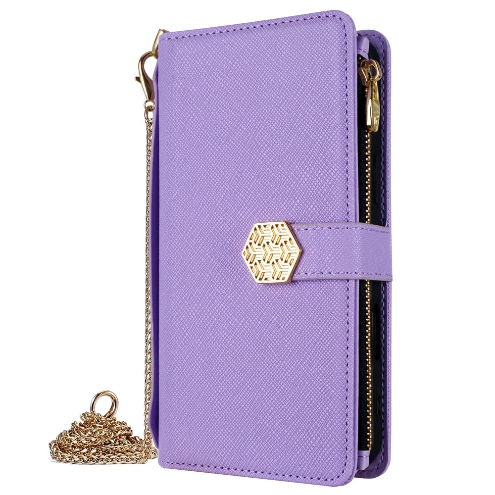 Metal Shoulder Strap Wallet Case for iPhone 17 Pro Max 14 12 11 13 15 16 Pro Max Lady Leather Card Slots Pocket Lanyard Cover