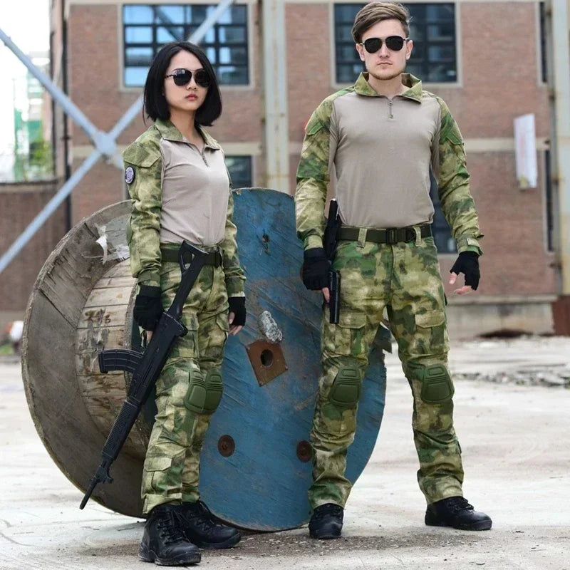 Camouflage Tactical Uniform Hunting Shirts Pants with Elbow Knee Pads Outdoor Hiking Training Frog Sets Clothing Ghillie Suits