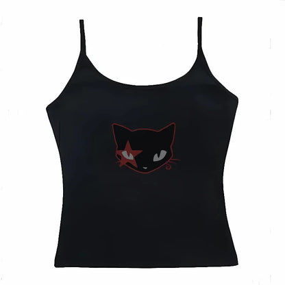 Aesthetic Harajuku Streetwear Women's Slim Fit Crop Top Y2K Gothic Emo Retro Sleeveless Vest Kitten Print Sports Vest
