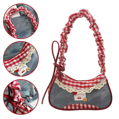 Fashion Grid Mini Handbag with Adjustable Shoulder Strap Korean Style Hand-held Commuting Bag Single-Shoulder Crossbody Underarm