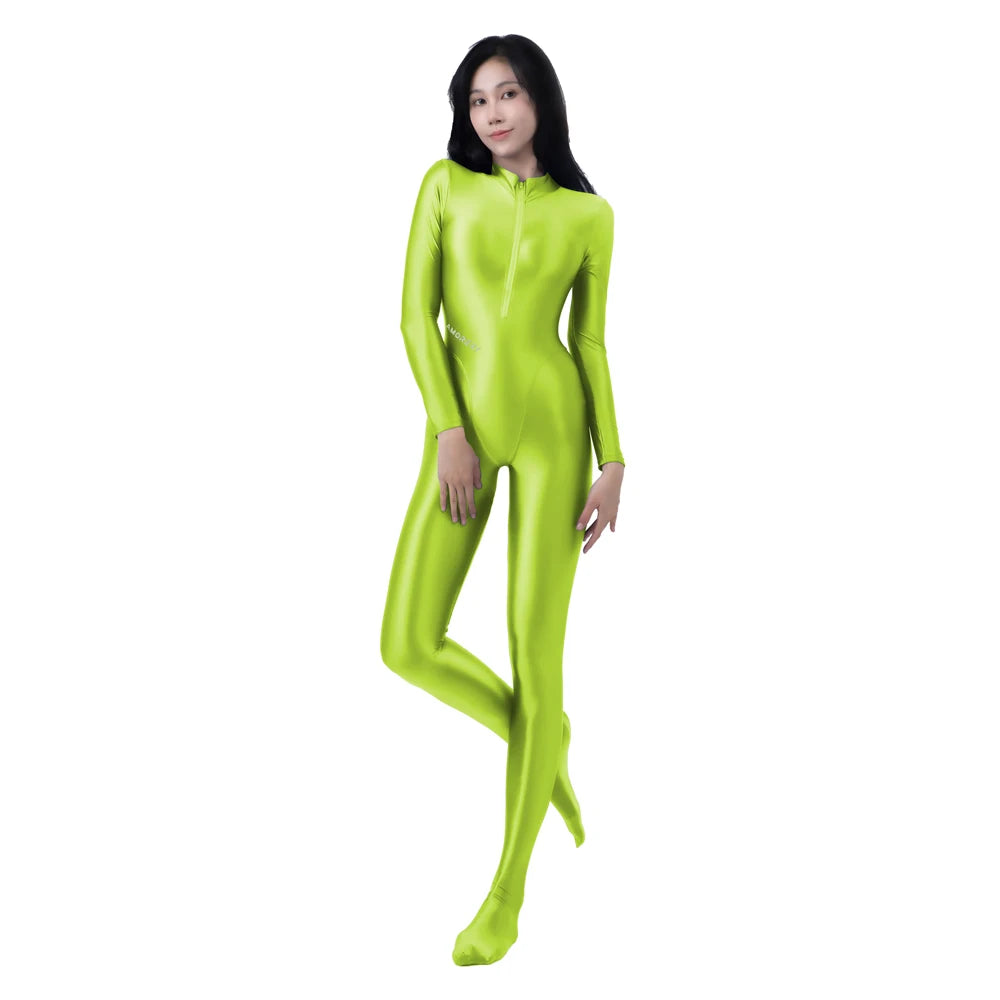 AMORESY Women's Shiny Oil Tights Full-Length Catsuit Front Zipper Yoga Zentai Playsuit Sexy Smooth Casual Jumpsuit