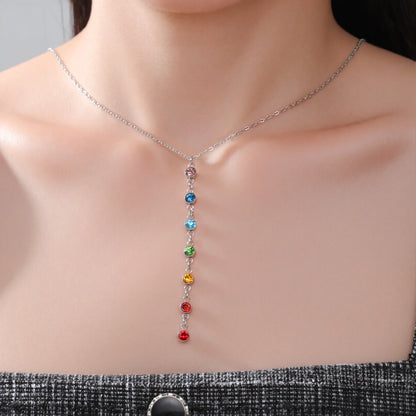 Skyrim Yoga 7 Chakra Rhinestones Pendant Necklaces Women Stainless Steel Gold Color Sweater Chain Meditation Energy Jewelry Gift