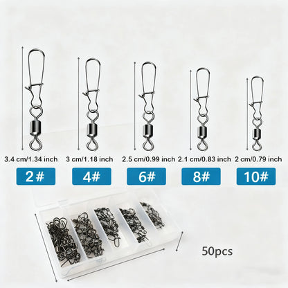 50pcs/box Stainless Steel Fishing Connector Pin Bearing Swivel Fishing Connector Rolling Swivel Lure Hook Accessories Tackle