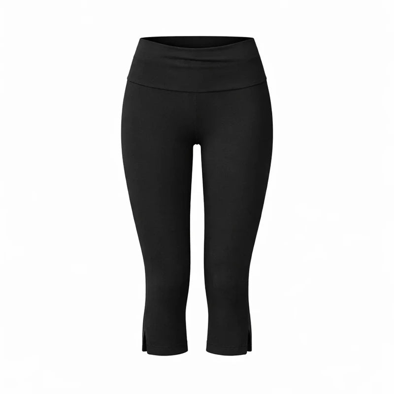 Combhasaki Womens Split Hem Capri Pants Fold Over Waistband Elastic Low Rise Trousers Solid Color Slim Fit Yoga Cropped Leggings