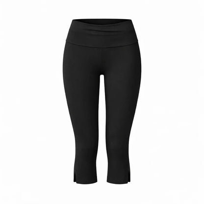 Combhasaki Womens Split Hem Capri Pants Fold Over Waistband Elastic Low Rise Trousers Solid Color Slim Fit Yoga Cropped Leggings